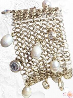 Vintage Gold Tone Mesh Bridal Evening Bracelet Freshwater Pearls Crystals